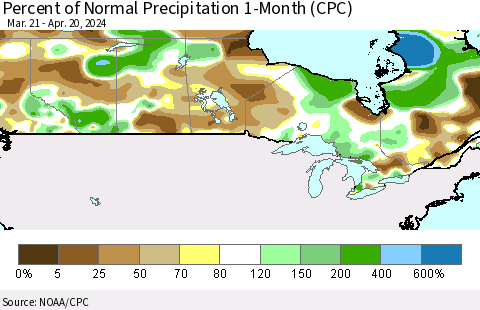 Canada Percent of Normal Precipitation 1-Month (CPC) Thematic Map For 3/21/2024 - 4/20/2024