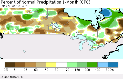 Canada Percent of Normal Precipitation 1-Month (CPC) Thematic Map For 3/26/2024 - 4/25/2024
