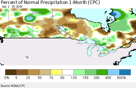 Canada Percent of Normal Precipitation 1-Month (CPC) Thematic Map For 4/1/2024 - 4/30/2024