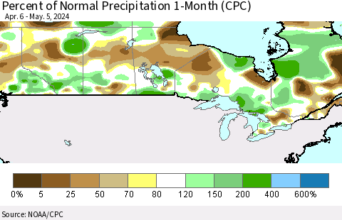 Canada Percent of Normal Precipitation 1-Month (CPC) Thematic Map For 4/6/2024 - 5/5/2024