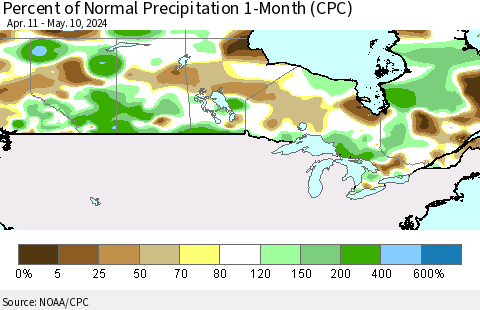 Canada Percent of Normal Precipitation 1-Month (CPC) Thematic Map For 4/11/2024 - 5/10/2024
