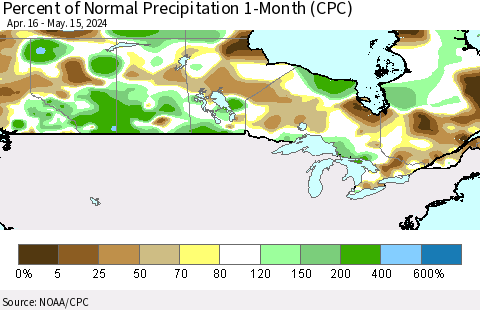Canada Percent of Normal Precipitation 1-Month (CPC) Thematic Map For 4/16/2024 - 5/15/2024