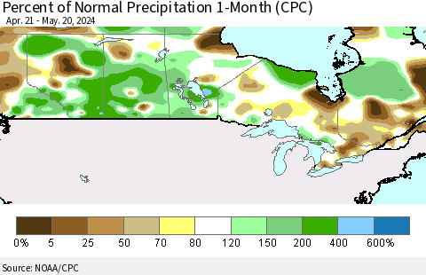 Canada Percent of Normal Precipitation 1-Month (CPC) Thematic Map For 4/21/2024 - 5/20/2024