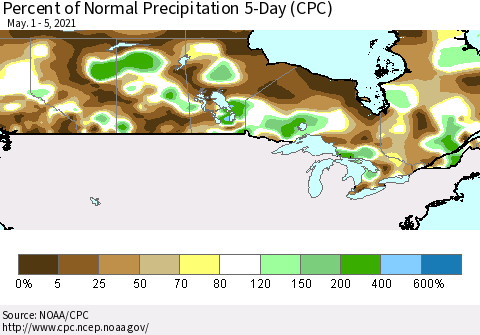 Canada Percent of Normal Precipitation 5-Day (CPC) Thematic Map For 5/1/2021 - 5/5/2021