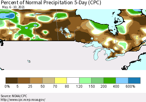Canada Percent of Normal Precipitation 5-Day (CPC) Thematic Map For 5/6/2021 - 5/10/2021