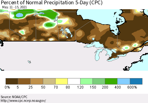 Canada Percent of Normal Precipitation 5-Day (CPC) Thematic Map For 5/11/2021 - 5/15/2021