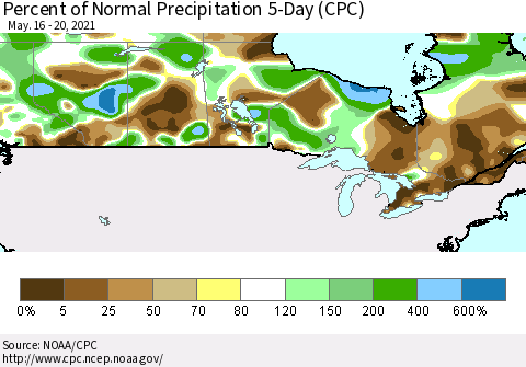 Canada Percent of Normal Precipitation 5-Day (CPC) Thematic Map For 5/16/2021 - 5/20/2021