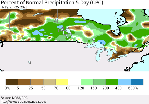Canada Percent of Normal Precipitation 5-Day (CPC) Thematic Map For 5/21/2021 - 5/25/2021