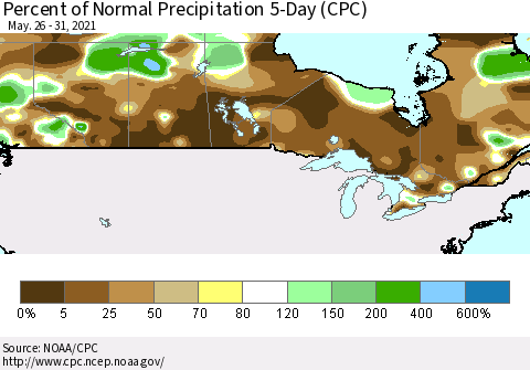 Canada Percent of Normal Precipitation 5-Day (CPC) Thematic Map For 5/26/2021 - 5/31/2021