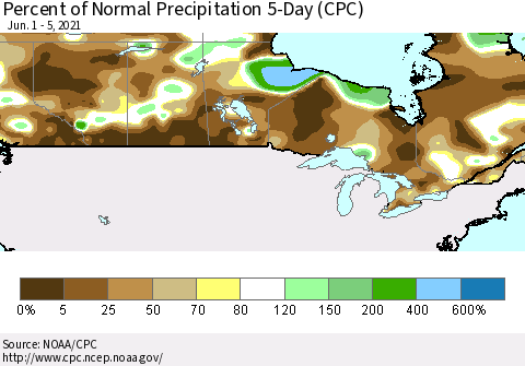 Canada Percent of Normal Precipitation 5-Day (CPC) Thematic Map For 6/1/2021 - 6/5/2021