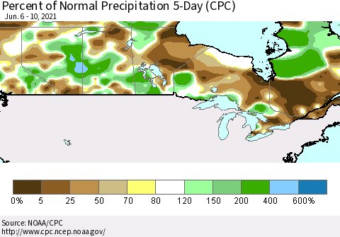 Canada Percent of Normal Precipitation 5-Day (CPC) Thematic Map For 6/6/2021 - 6/10/2021