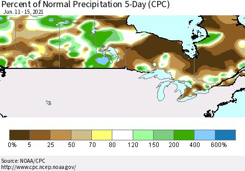 Canada Percent of Normal Precipitation 5-Day (CPC) Thematic Map For 6/11/2021 - 6/15/2021