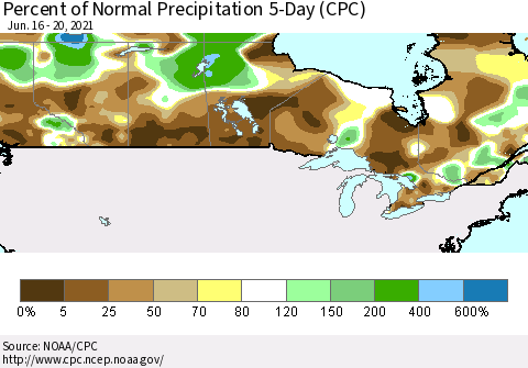 Canada Percent of Normal Precipitation 5-Day (CPC) Thematic Map For 6/16/2021 - 6/20/2021