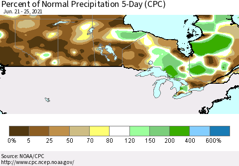 Canada Percent of Normal Precipitation 5-Day (CPC) Thematic Map For 6/21/2021 - 6/25/2021