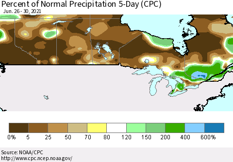Canada Percent of Normal Precipitation 5-Day (CPC) Thematic Map For 6/26/2021 - 6/30/2021