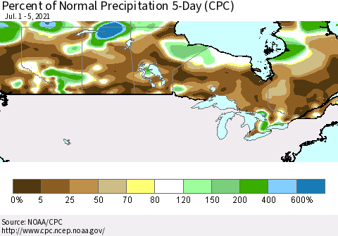 Canada Percent of Normal Precipitation 5-Day (CPC) Thematic Map For 7/1/2021 - 7/5/2021