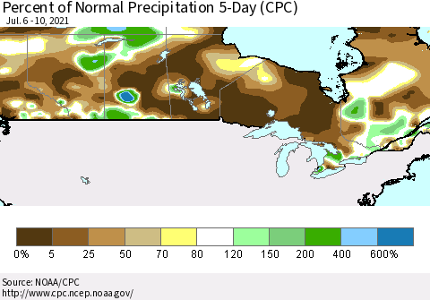 Canada Percent of Normal Precipitation 5-Day (CPC) Thematic Map For 7/6/2021 - 7/10/2021
