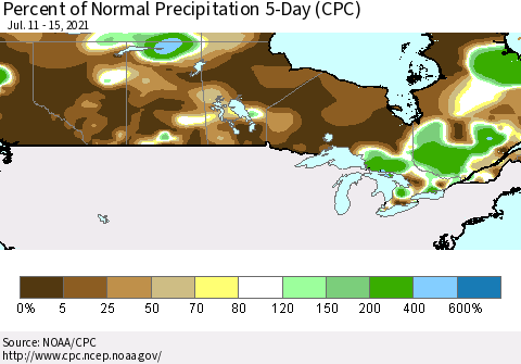 Canada Percent of Normal Precipitation 5-Day (CPC) Thematic Map For 7/11/2021 - 7/15/2021