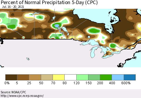 Canada Percent of Normal Precipitation 5-Day (CPC) Thematic Map For 7/16/2021 - 7/20/2021