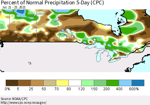 Canada Percent of Normal Precipitation 5-Day (CPC) Thematic Map For 7/21/2021 - 7/25/2021