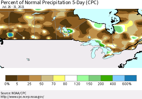 Canada Percent of Normal Precipitation 5-Day (CPC) Thematic Map For 7/26/2021 - 7/31/2021