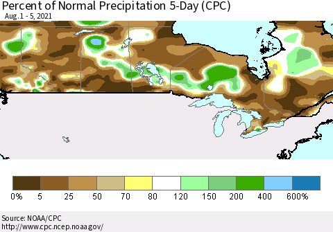 Canada Percent of Normal Precipitation 5-Day (CPC) Thematic Map For 8/1/2021 - 8/5/2021