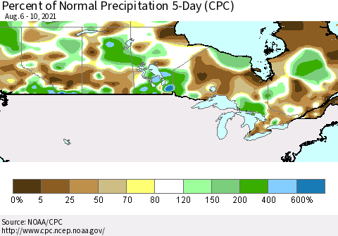 Canada Percent of Normal Precipitation 5-Day (CPC) Thematic Map For 8/6/2021 - 8/10/2021