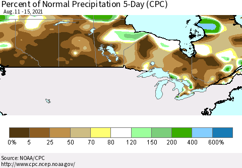 Canada Percent of Normal Precipitation 5-Day (CPC) Thematic Map For 8/11/2021 - 8/15/2021