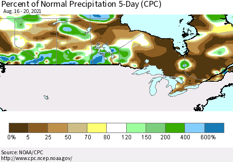 Canada Percent of Normal Precipitation 5-Day (CPC) Thematic Map For 8/16/2021 - 8/20/2021