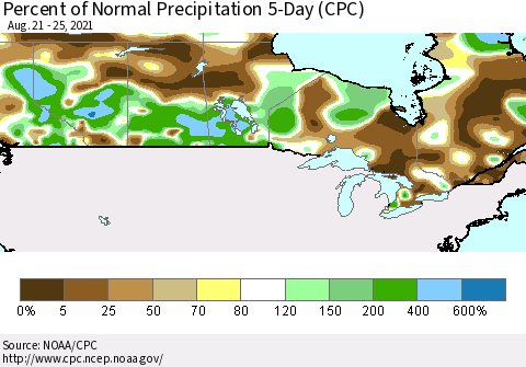 Canada Percent of Normal Precipitation 5-Day (CPC) Thematic Map For 8/21/2021 - 8/25/2021