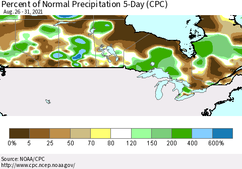 Canada Percent of Normal Precipitation 5-Day (CPC) Thematic Map For 8/26/2021 - 8/31/2021