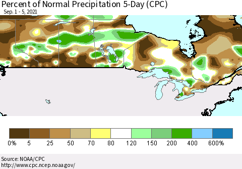 Canada Percent of Normal Precipitation 5-Day (CPC) Thematic Map For 9/1/2021 - 9/5/2021