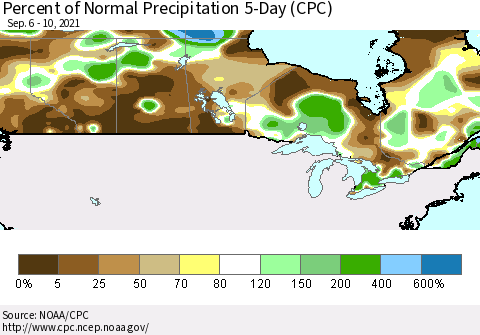 Canada Percent of Normal Precipitation 5-Day (CPC) Thematic Map For 9/6/2021 - 9/10/2021