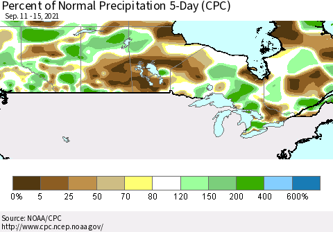 Canada Percent of Normal Precipitation 5-Day (CPC) Thematic Map For 9/11/2021 - 9/15/2021
