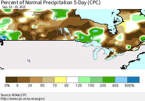 Canada Percent of Normal Precipitation 5-Day (CPC) Thematic Map For 9/16/2021 - 9/20/2021