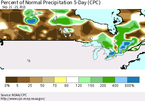 Canada Percent of Normal Precipitation 5-Day (CPC) Thematic Map For 9/21/2021 - 9/25/2021