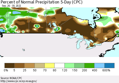 Canada Percent of Normal Precipitation 5-Day (CPC) Thematic Map For 9/26/2021 - 9/30/2021