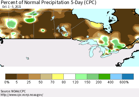 Canada Percent of Normal Precipitation 5-Day (CPC) Thematic Map For 10/1/2021 - 10/5/2021