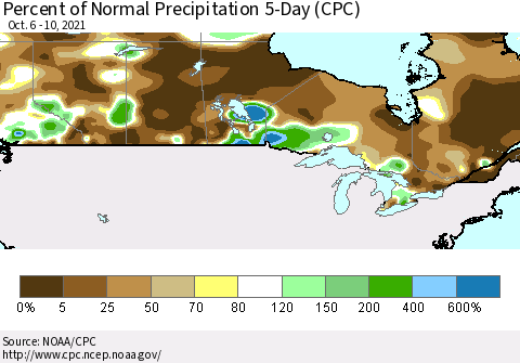 Canada Percent of Normal Precipitation 5-Day (CPC) Thematic Map For 10/6/2021 - 10/10/2021