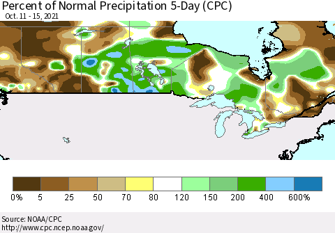 Canada Percent of Normal Precipitation 5-Day (CPC) Thematic Map For 10/11/2021 - 10/15/2021