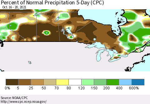 Canada Percent of Normal Precipitation 5-Day (CPC) Thematic Map For 10/16/2021 - 10/20/2021