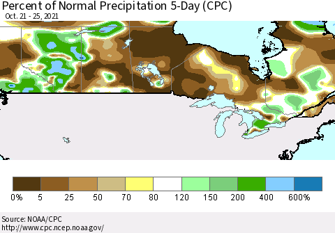 Canada Percent of Normal Precipitation 5-Day (CPC) Thematic Map For 10/21/2021 - 10/25/2021