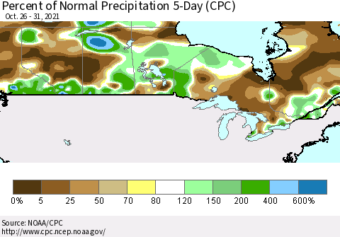 Canada Percent of Normal Precipitation 5-Day (CPC) Thematic Map For 10/26/2021 - 10/31/2021