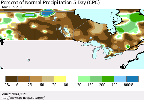 Canada Percent of Normal Precipitation 5-Day (CPC) Thematic Map For 11/1/2021 - 11/5/2021