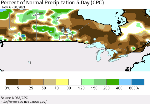 Canada Percent of Normal Precipitation 5-Day (CPC) Thematic Map For 11/6/2021 - 11/10/2021