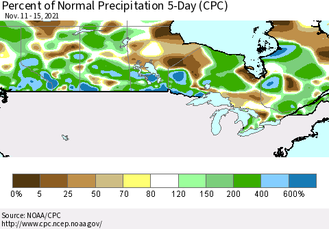 Canada Percent of Normal Precipitation 5-Day (CPC) Thematic Map For 11/11/2021 - 11/15/2021
