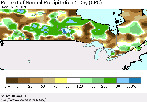 Canada Percent of Normal Precipitation 5-Day (CPC) Thematic Map For 11/16/2021 - 11/20/2021