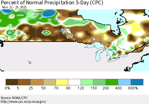Canada Percent of Normal Precipitation 5-Day (CPC) Thematic Map For 11/21/2021 - 11/25/2021
