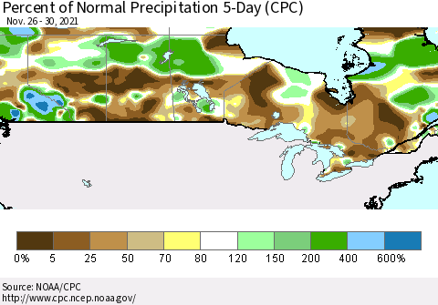 Canada Percent of Normal Precipitation 5-Day (CPC) Thematic Map For 11/26/2021 - 11/30/2021