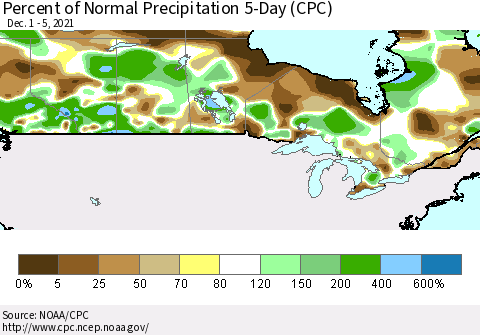 Canada Percent of Normal Precipitation 5-Day (CPC) Thematic Map For 12/1/2021 - 12/5/2021